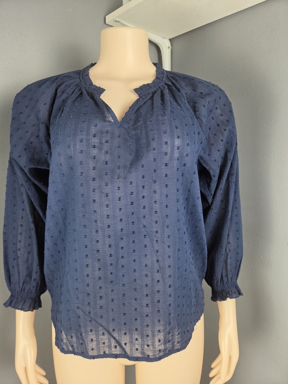 J. Crew Navy Swiss Dot Peasant Top
